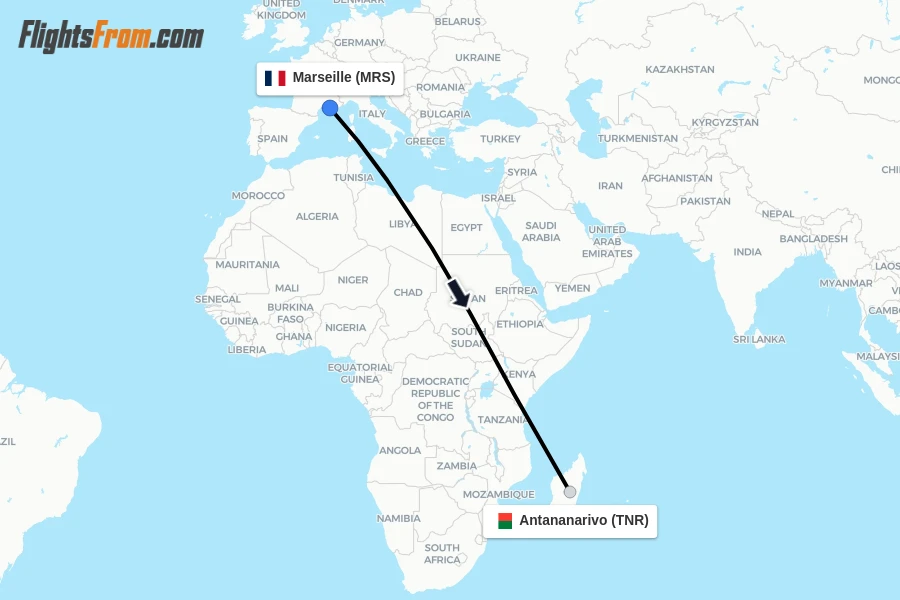 Flights from Marseille to Antananarivo route map