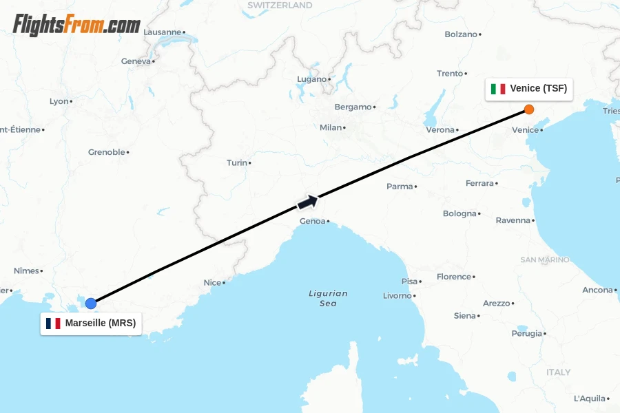 Flights from Marseille to Venice route map