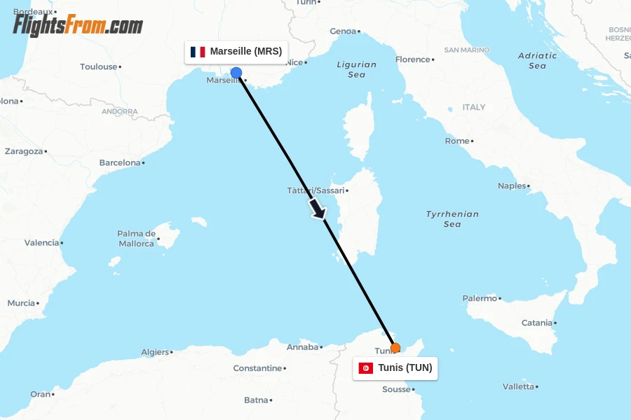 Flights from Marseille to Tunis route map