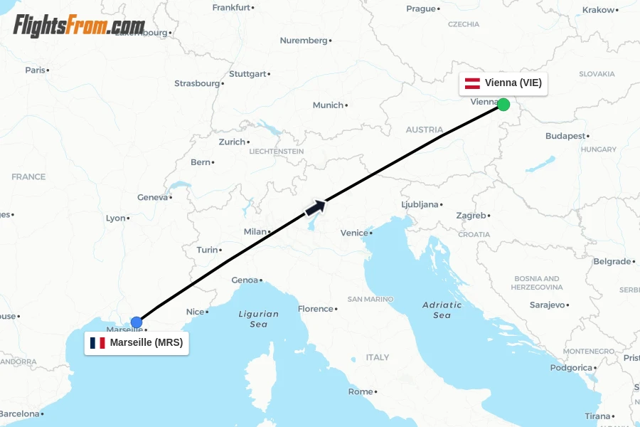 Flights from Marseille to Vienna route map