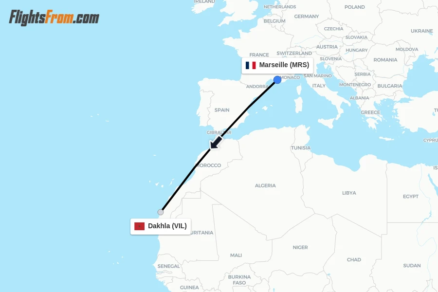 Flights from Marseille to Dakhla route map