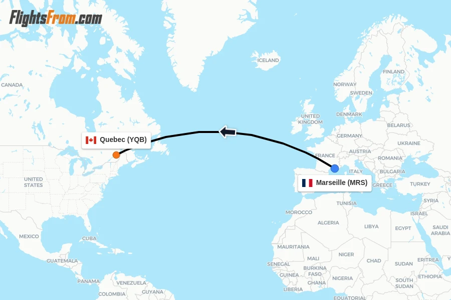 Flights from Marseille to Quebec route map