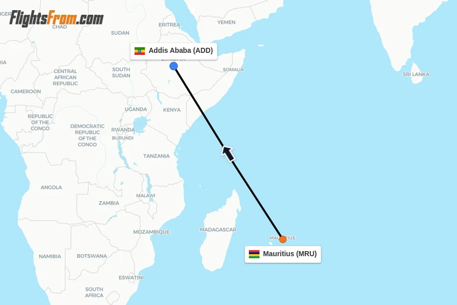Flights from Mauritius to Addis Ababa route map