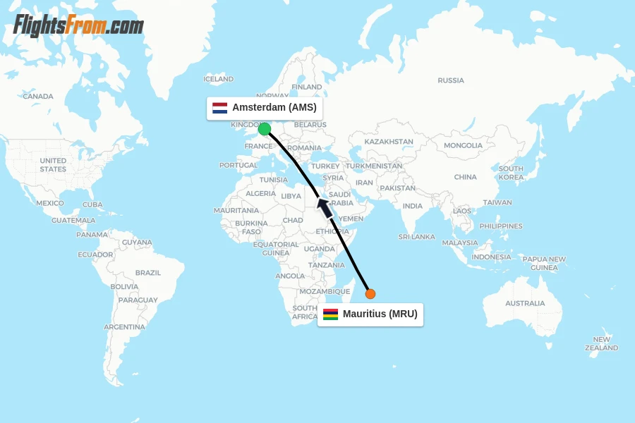 Flights from Mauritius to Amsterdam route map