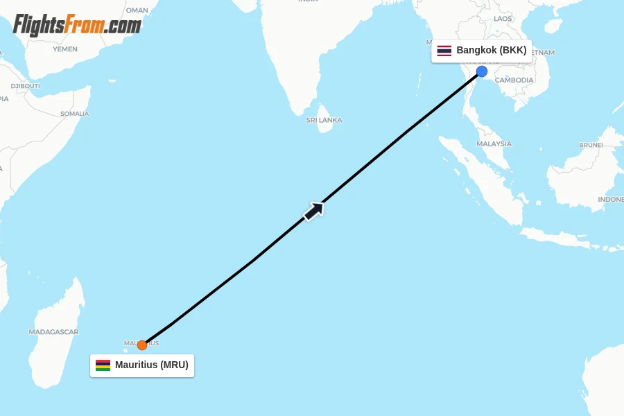 Flights from Mauritius to Bangkok route map