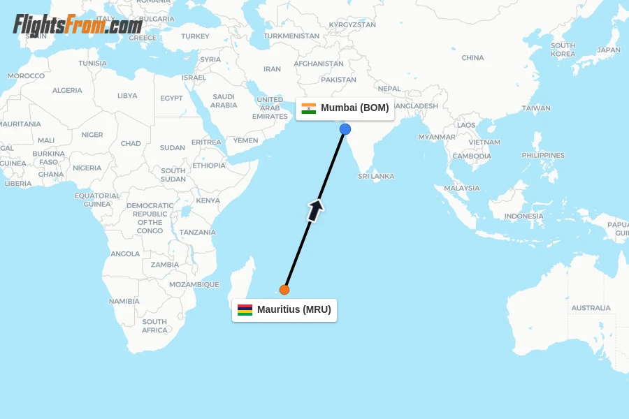 Flights from Mauritius to Mumbai route map