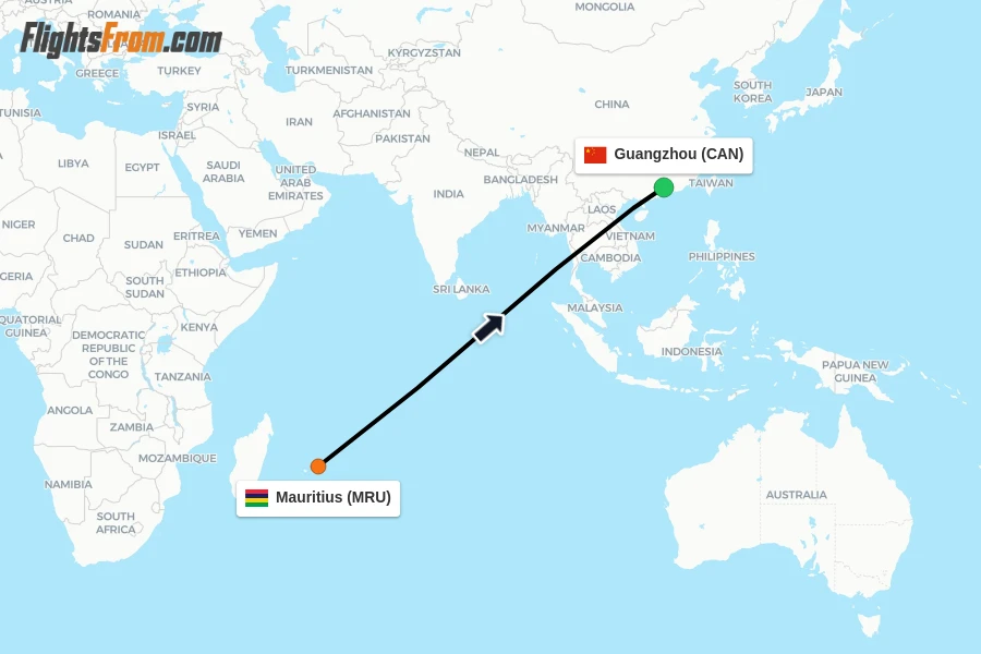 Flights from Mauritius to Guangzhou route map
