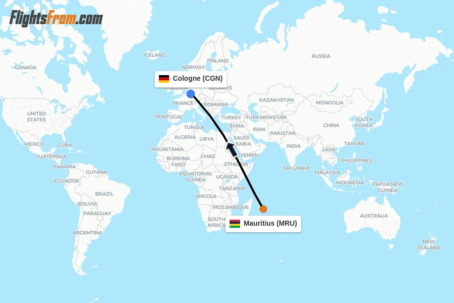 Flights from Mauritius to Cologne route map