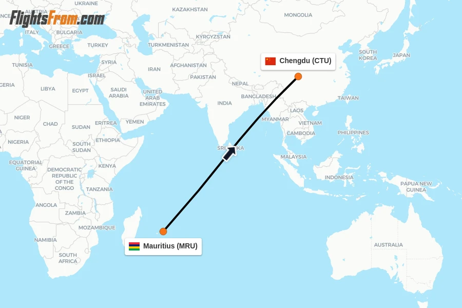 Flights from Mauritius to Chengdu route map