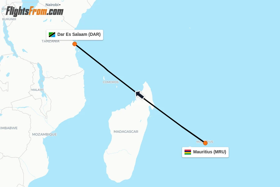 Flights from Mauritius to Dar Es Salaam route map
