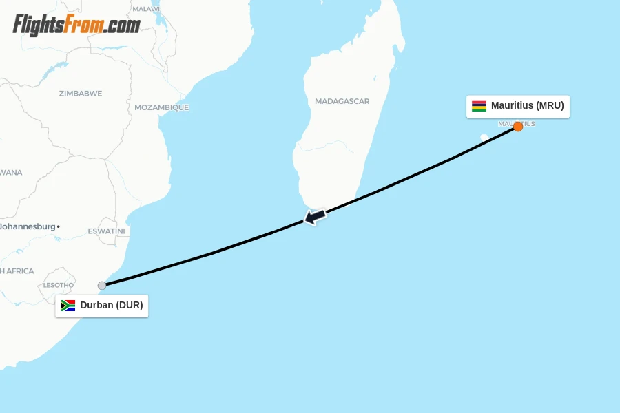 Flights from Mauritius to Durban route map