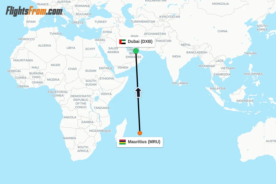 Flights from Mauritius to Dubai route map
