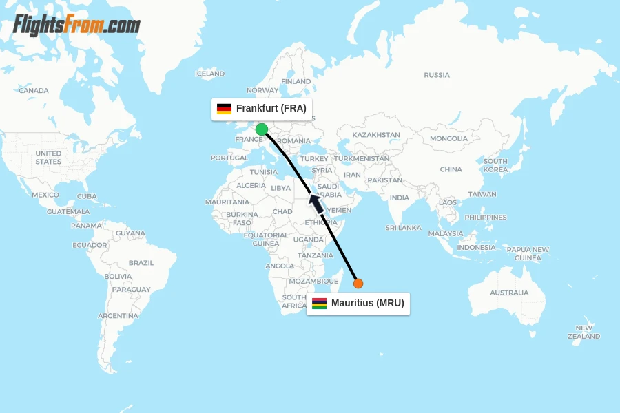 Flights from Mauritius to Frankfurt route map
