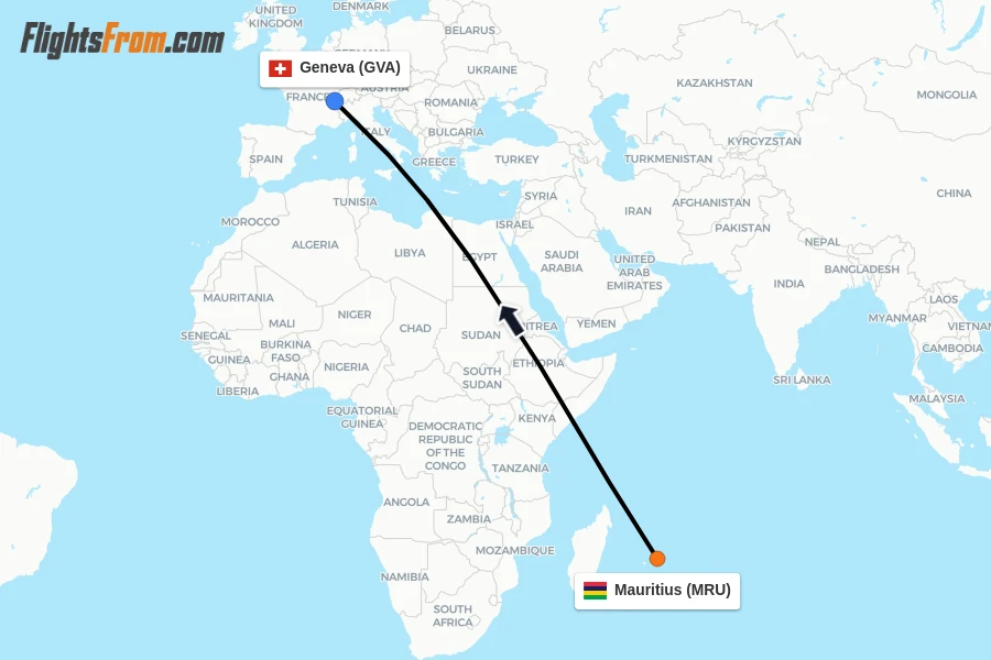 Flights from Mauritius to Geneva route map
