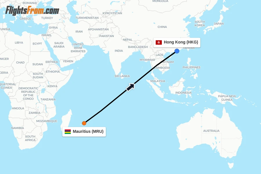 Flights from Mauritius to Hong Kong route map