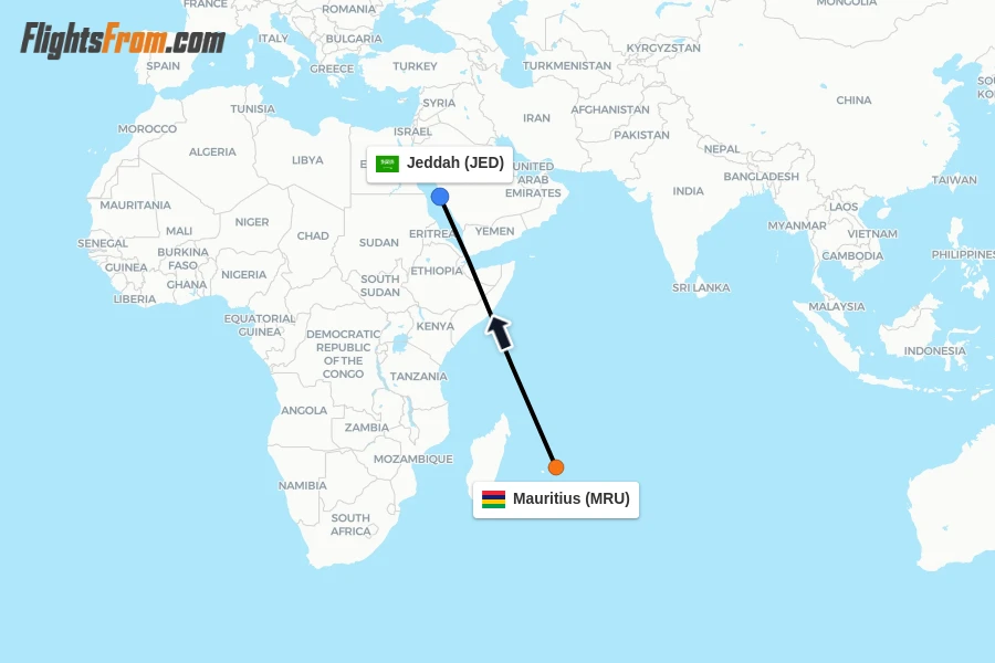 Flights from Mauritius to Jeddah route map