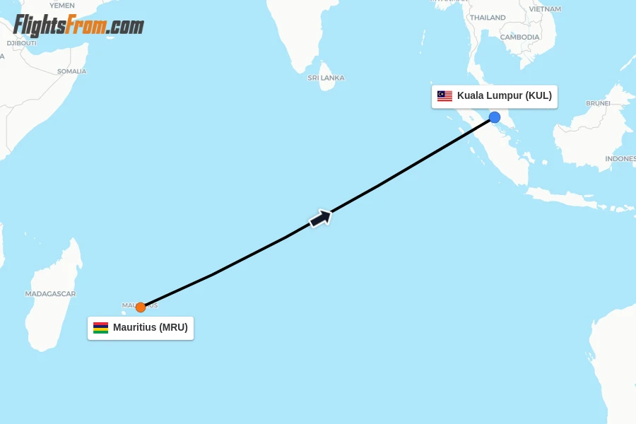 Flights from Mauritius to Kuala Lumpur route map