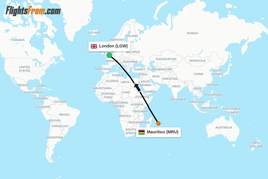 Flights from Mauritius to London route map