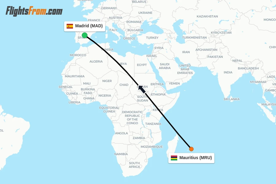Flights from Mauritius to Madrid route map