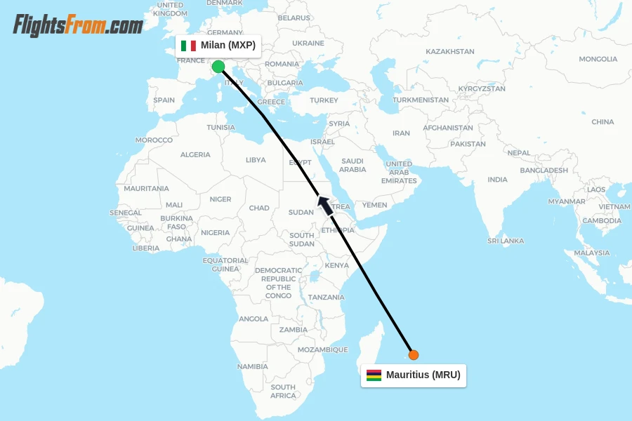 Flights from Mauritius to Milan route map