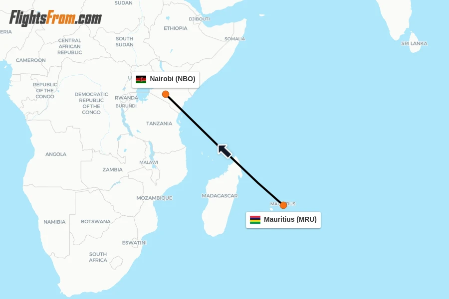 Flights from Mauritius to Nairobi route map
