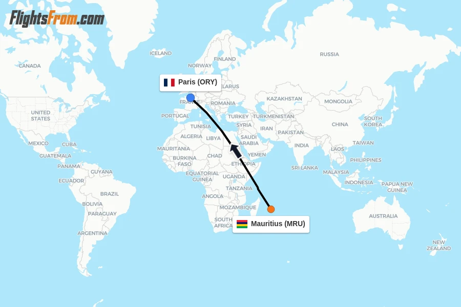 Flights from Mauritius to Paris route map