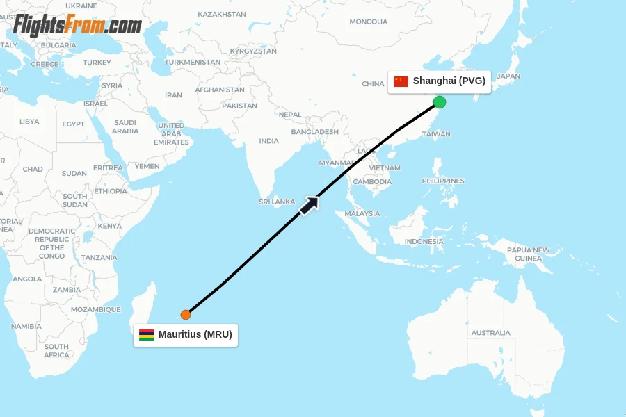 Flights from Mauritius to Shanghai route map