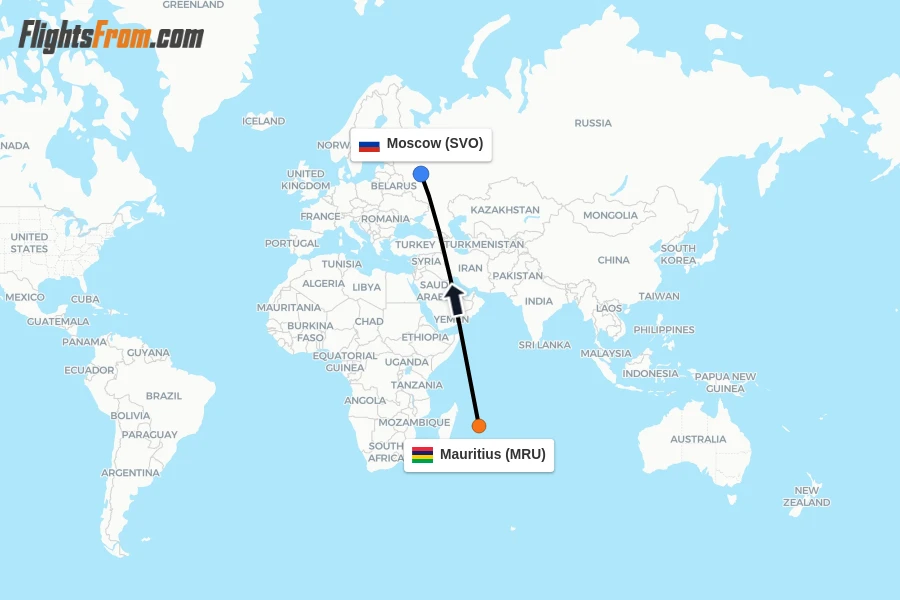 Flights from Mauritius to Moscow route map