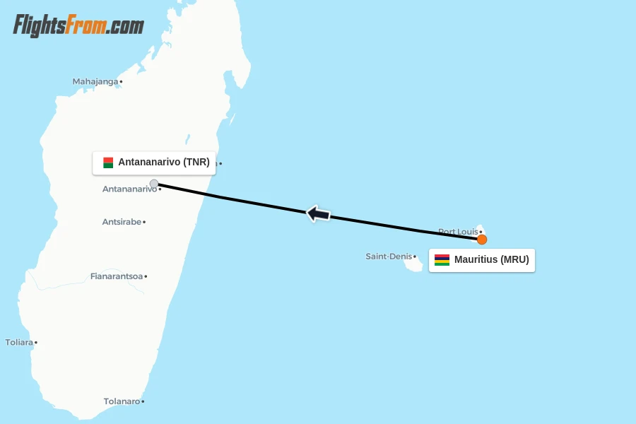 Flights from Mauritius to Antananarivo route map