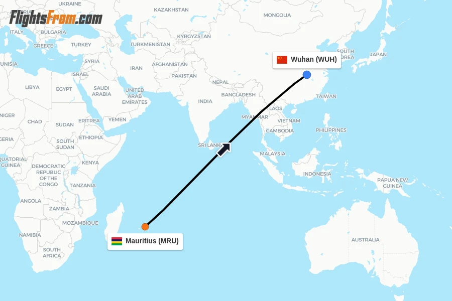 Flights from Mauritius to Wuhan route map