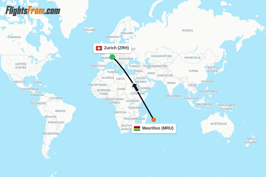 Flights from Mauritius to Zurich route map