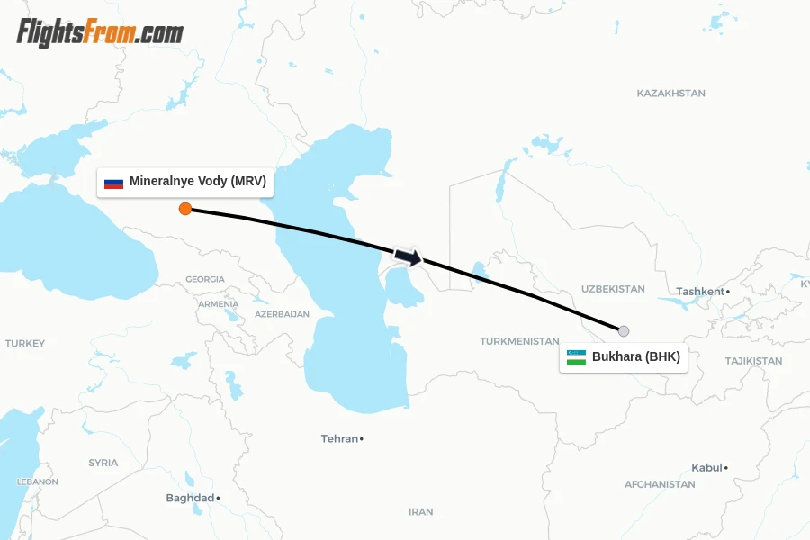 Flights from Mineralnye Vody to Bukhara route map