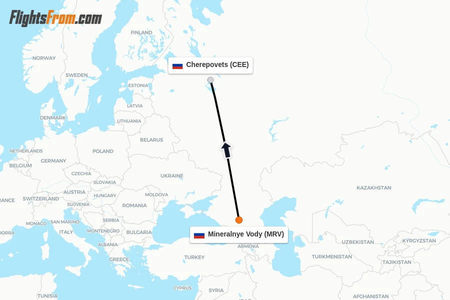 Flights from Mineralnye Vody to Cherepovets route map