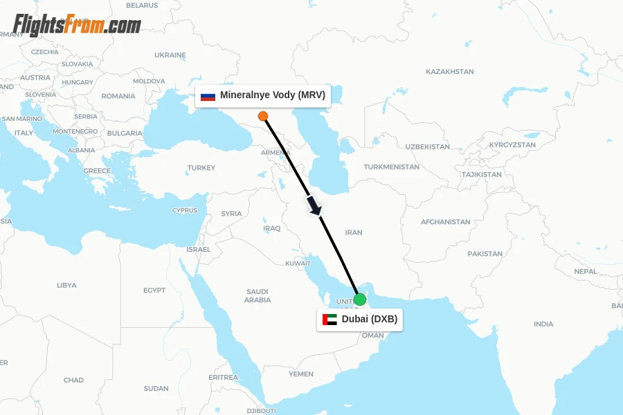 Flights from Mineralnye Vody to Dubai route map