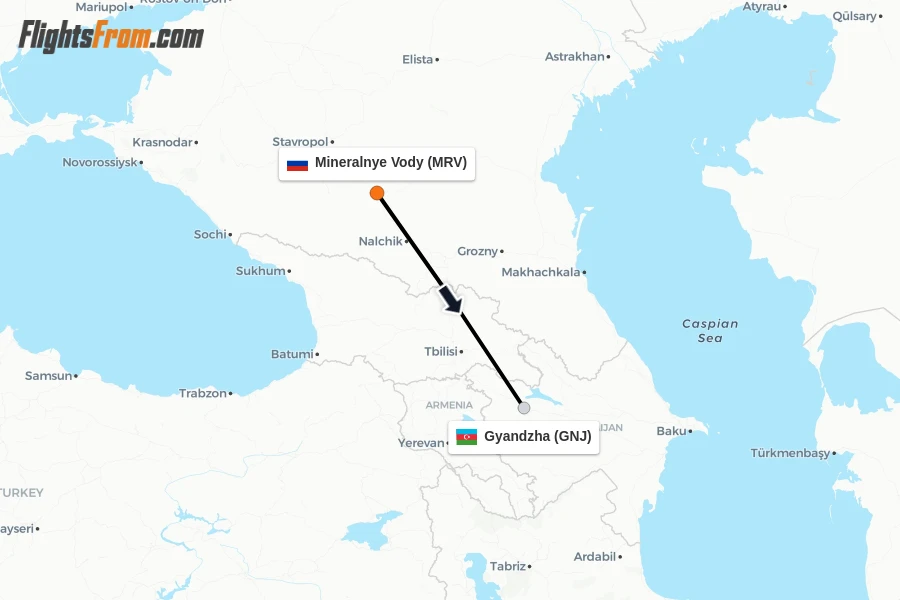 Flights from Mineralnye Vody to Gyandzha route map