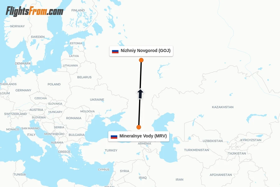 Flights from Mineralnye Vody to Nizhniy Novgorod route map