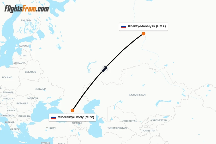 Flights from Mineralnye Vody to Khanty-Mansiysk route map