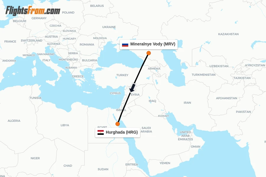Flights from Mineralnye Vody to Hurghada route map