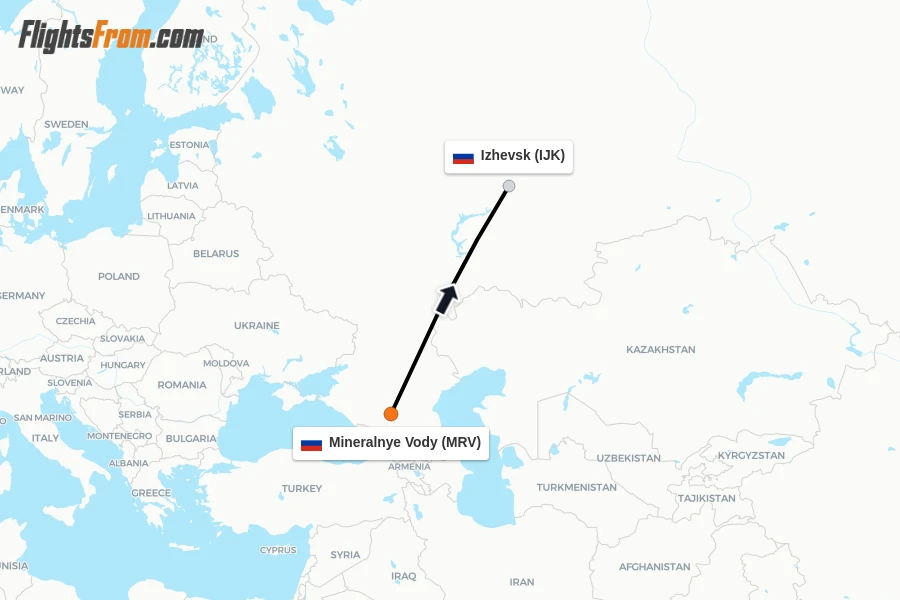 Flights from Mineralnye Vody to Izhevsk route map