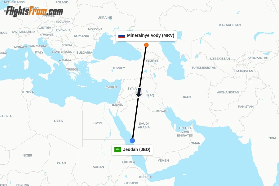 Flights from Mineralnye Vody to Jeddah route map