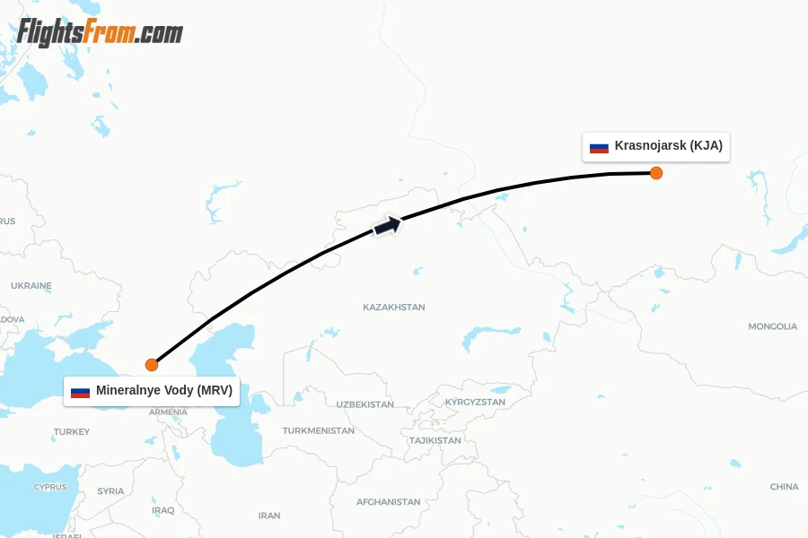 Flights from Mineralnye Vody to Krasnojarsk route map