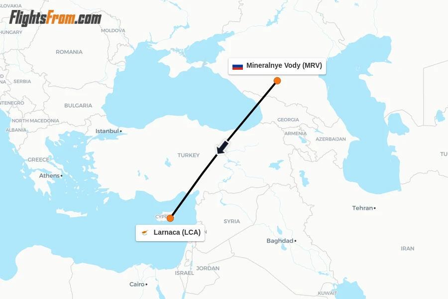 Flights from Mineralnye Vody to Larnaca route map
