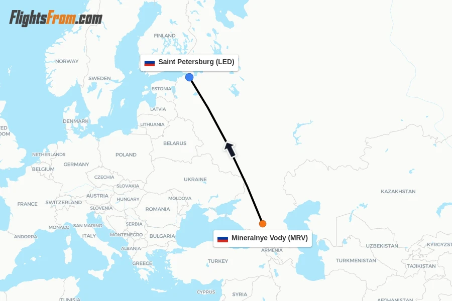 Flights from Mineralnye Vody to Saint Petersburg route map