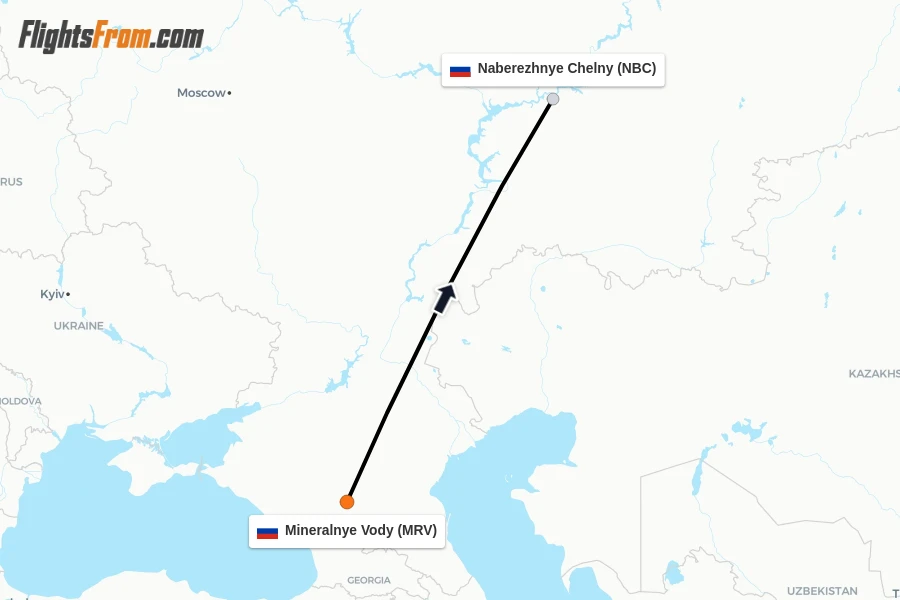 Flights from Mineralnye Vody to Naberezhnye Chelny route map
