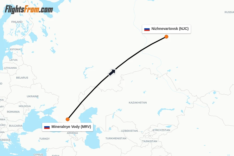 Flights from Mineralnye Vody to Nizhnevartovsk route map