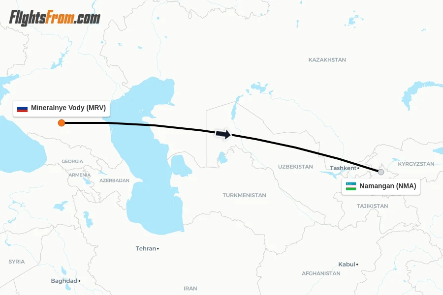 Flights from Mineralnye Vody to Namangan route map