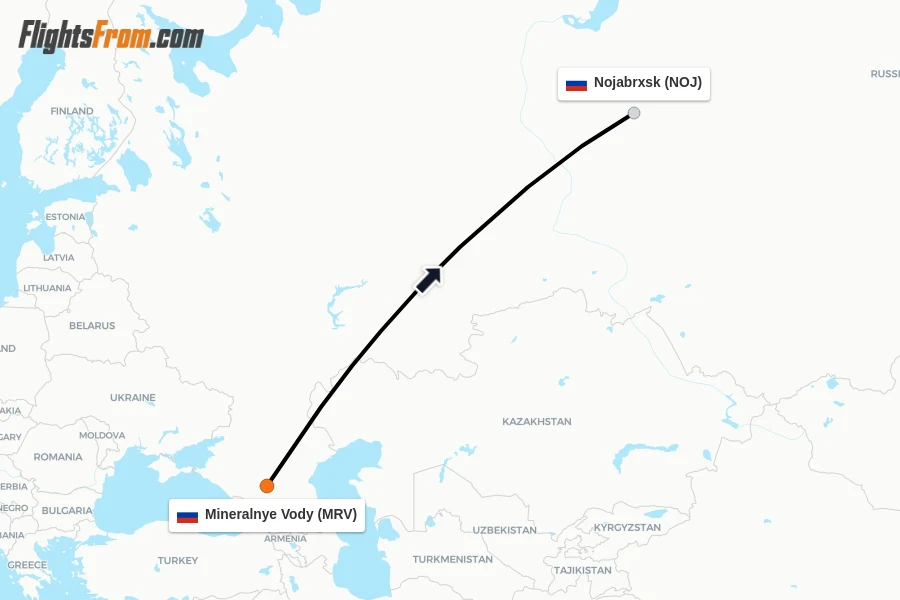 Flights from Mineralnye Vody to Nojabrxsk route map
