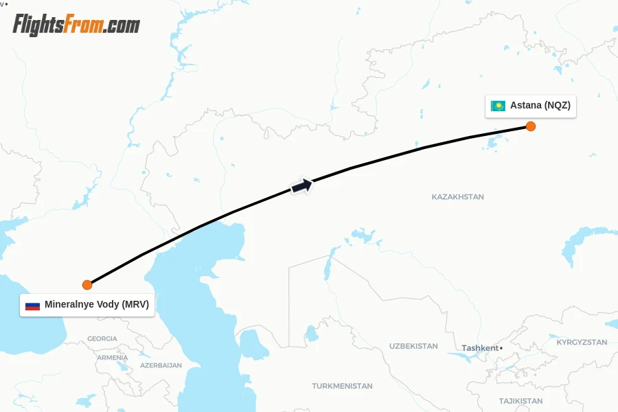 Flights from Mineralnye Vody to Astana route map