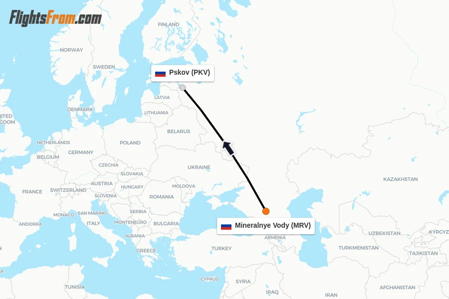 Flights from Mineralnye Vody to Pskov route map