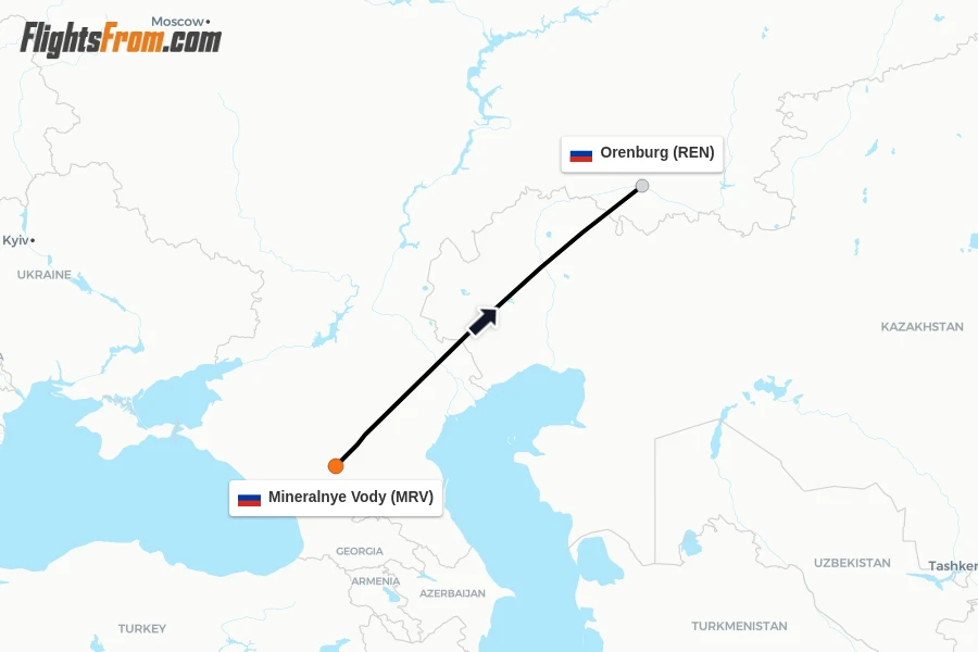 Flights from Mineralnye Vody to Orenburg route map
